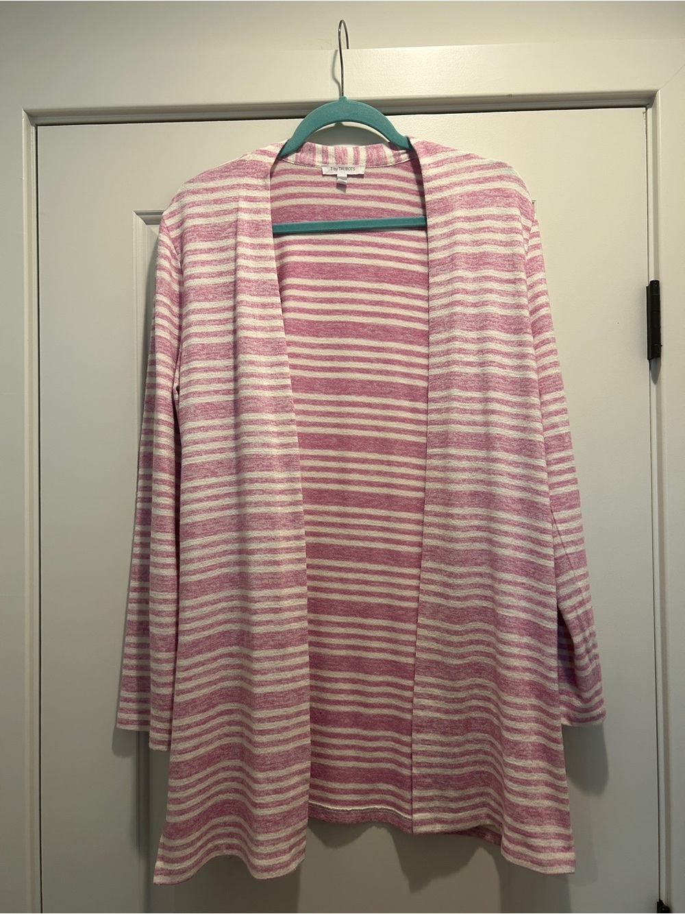 T by TALBOTS Striped Open-Front Pink & White Women’s Sweater Cardigan Large